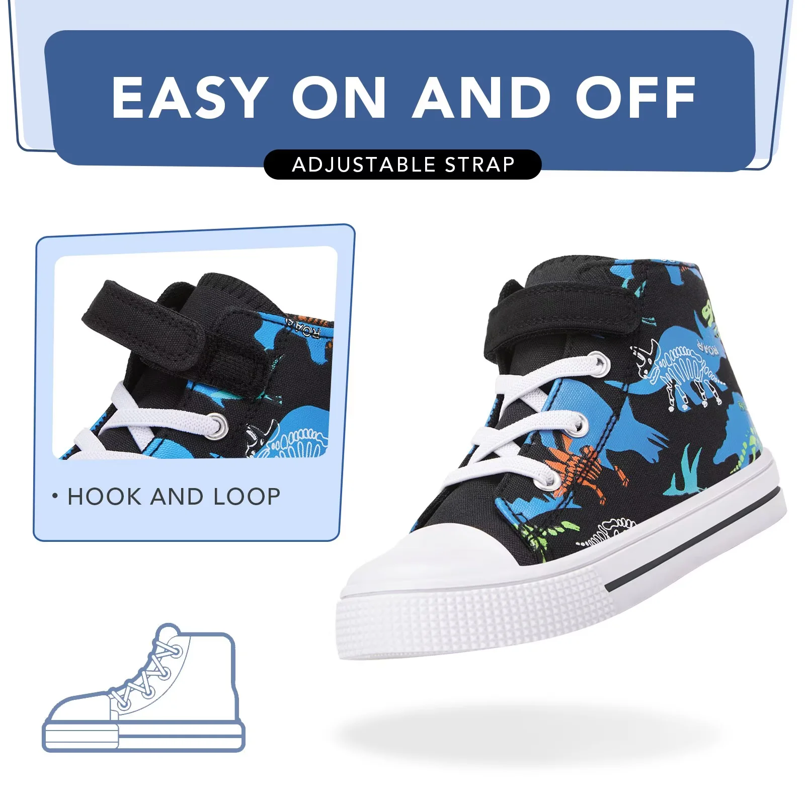 FUNCOO PLUS Kids High Top Sneakers Toddler Boys Canvas Shoes, Dinosaur, Size 9