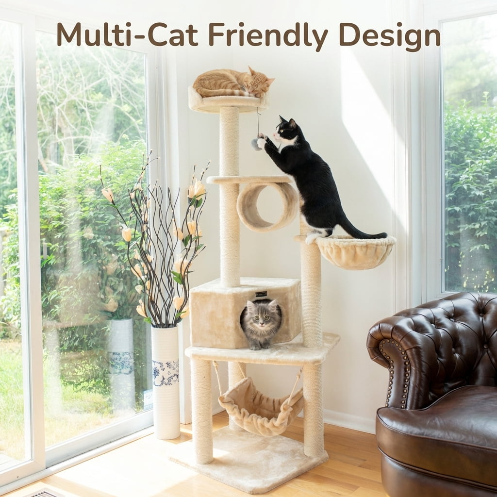 Cat Tree Tower, 72 Inch Tall Activity Center with Cozy Condo, Deep Hammock, Sisal Scratching Posts, Top Perch, Beige