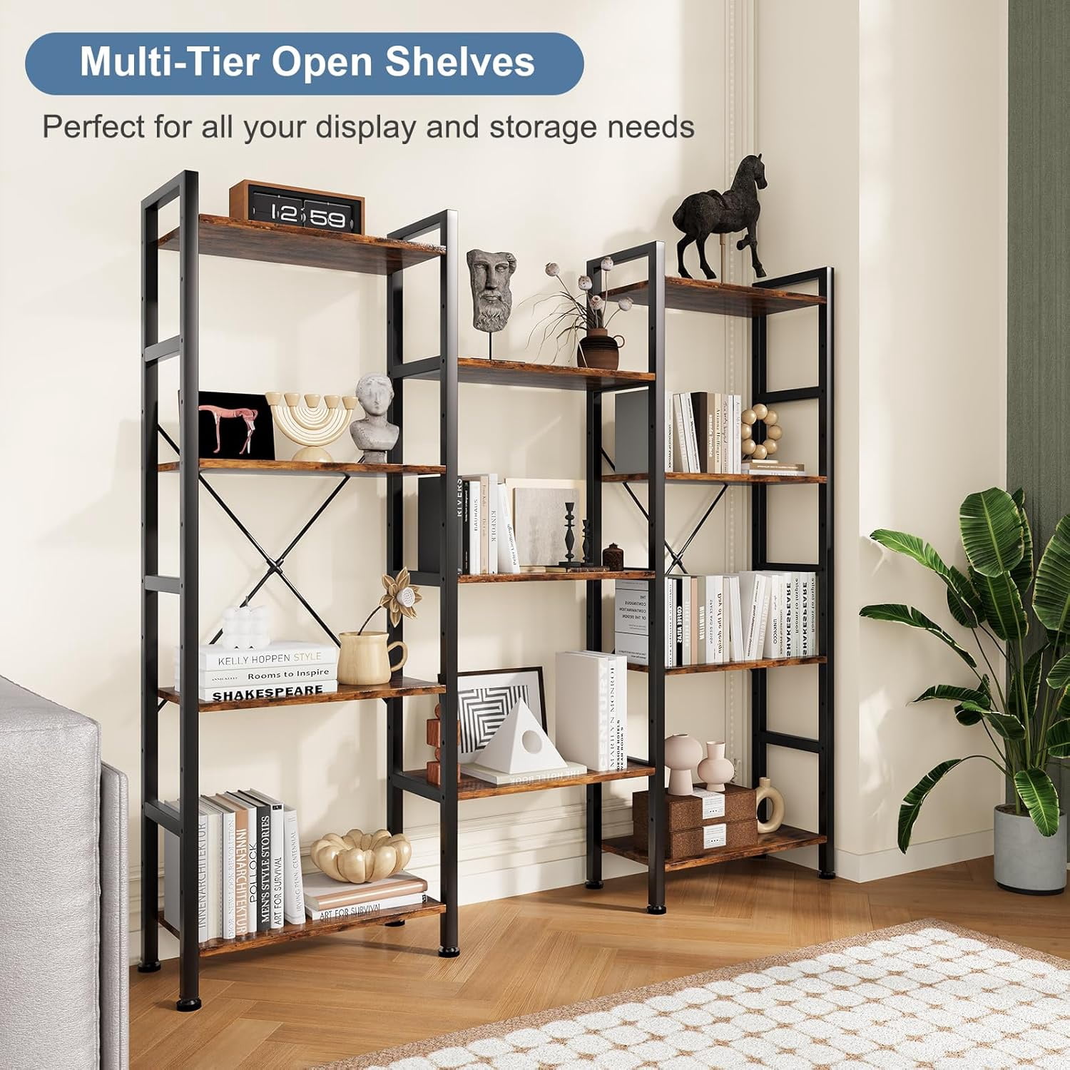 Atilioo Triple Bookshelf, 4-Tier Wide Bookcase with 11 Open Tall Display Shelves, Modern Industrial Book Shelves for Living Room Home Office, Brown