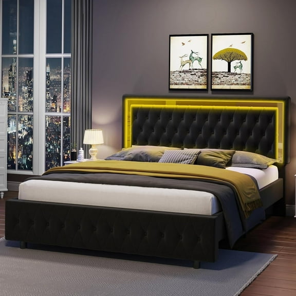papajet Queen Bed Frame with Led Lights Headboard,Acrylic Mirror Accents,No Box Spring Needed,Velvet Black