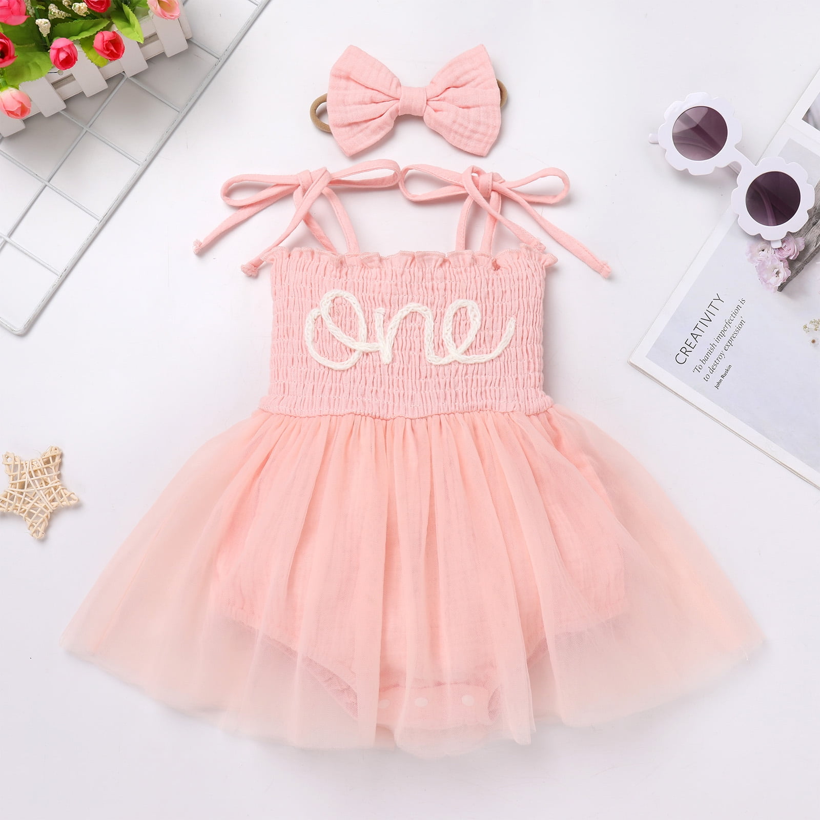 IDOPIP Baby Girls 1st Birthday Outfit Spaghetti Straps Romper Dress with Headband Cake Smash Outfit