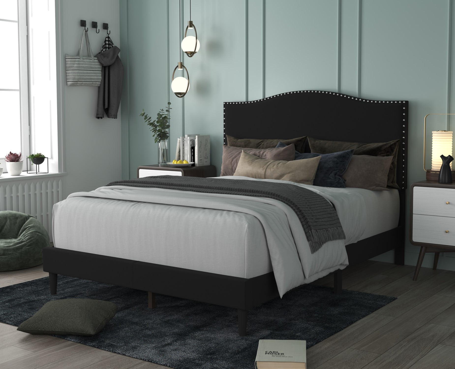 Home Design Manuel King Upholstered Platform Bed Frame with Nailhead Trim and Foam-Filled Headboard, Black, Easy assembly