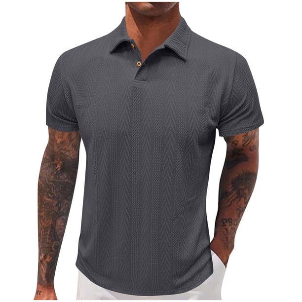 Camisetas Elvqul Hombre Casuales Gris Oscuro sin Estampado Deportivas Solapa Botones Manga Corta Algodón