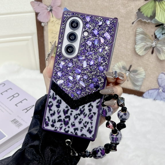 Compatible for Samsung Galaxy Z Fold 7 Case with Beaded Wrist Strap, Fluffy Leopard Print Pattern with Bling Design Case for Women Girls Hard PC Drop Protection Cover for Galaxy Z Fold 7, Purple