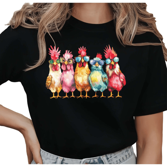 Women's Cool Chickens With Sunglasses Graphic T Shirt Watercolor Rainbow Farm Animal Short Sleeve Round Neck Top Black S-5XL