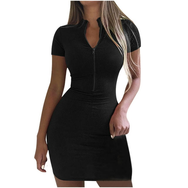 Fridja Robe Mini d'Été pour Femmes Couleur Unie à Fermeture Éclair Col en V Manches Courtes