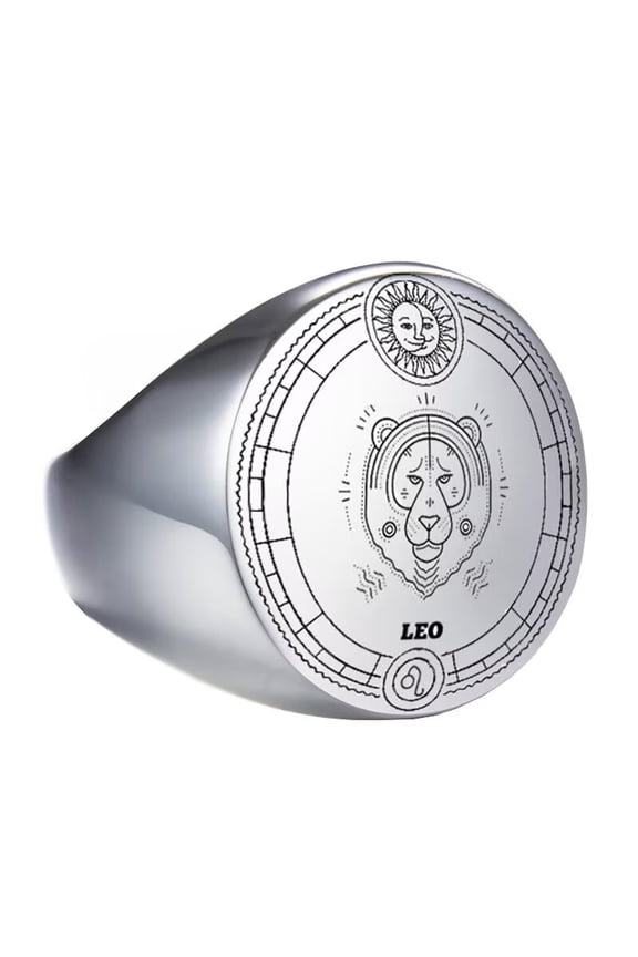 Unisex Stainless Steel Dome Solid Plain 12 Constellation Horoscope Zodiac Signet Ring Statement Astrology Jewelry Silver Leo Size 12