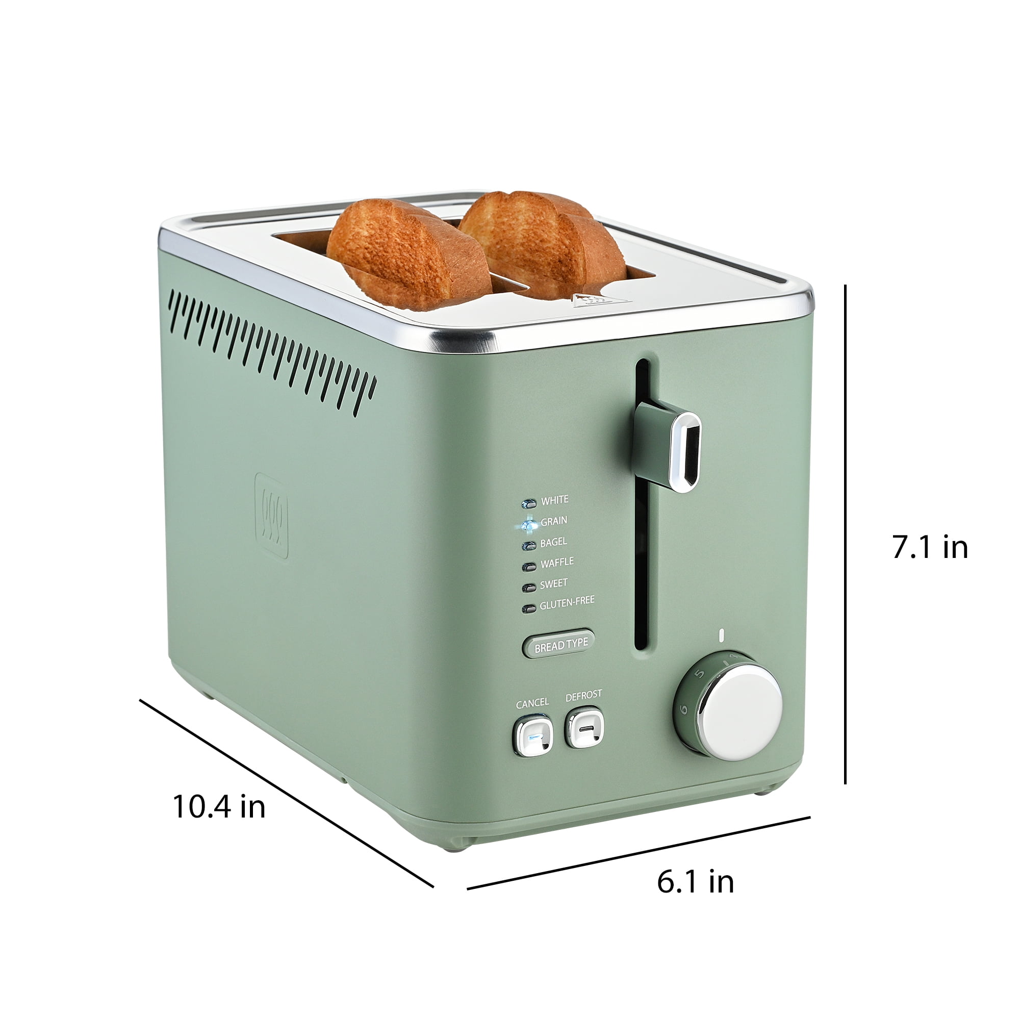 Toastmaster 2-Slice Multi-Function Toaster - Sage Green with Lever and Dial Controls, Extra Wide Slots, High Rise Toast Lift and Gluten Free Setting, 900W