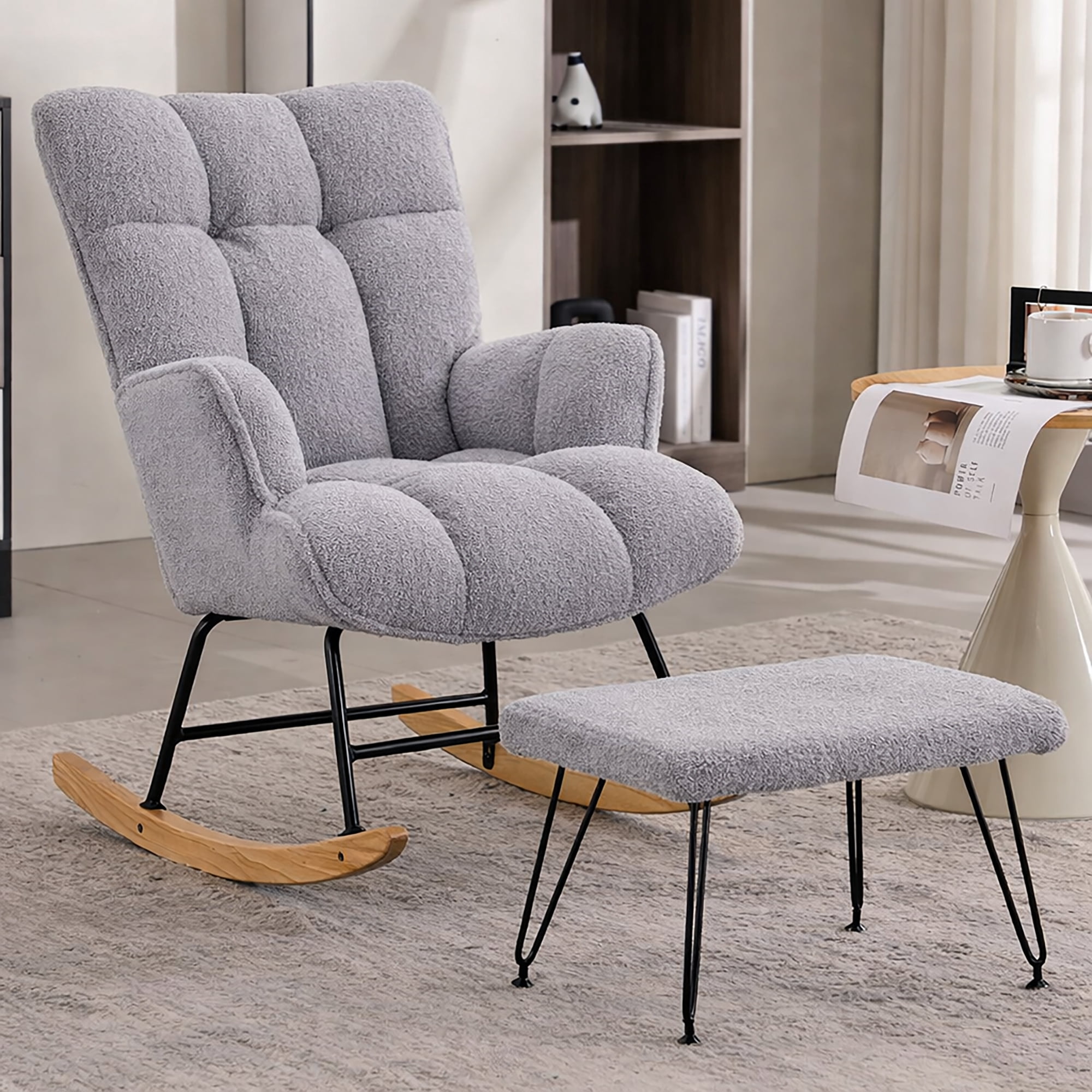 Toytexx Teddy Fabric Rocking Chair with Ottoman, Upholstered High Back ...