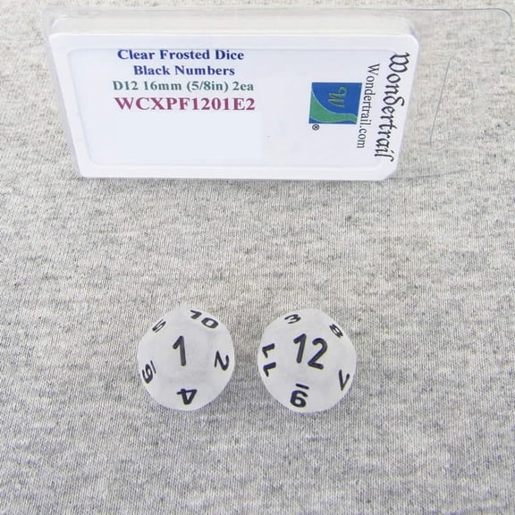 Clear Frosted Dice with Black Numbers D12 Aprox 16mm (5/8in) Pack of 2 Wondertrail