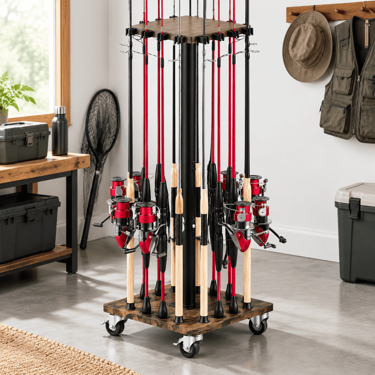 Brown 16-Pole Fishing Rod Floor Rack 360° Rotating Garage Storage Stand