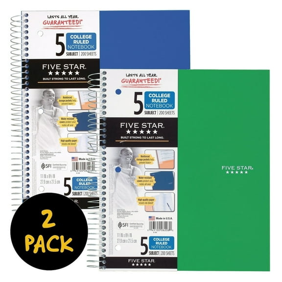 5 Star Wirebound, 5 Subject, College Ruled 11" x 8.5", 2 Pack, Assorted Colors
