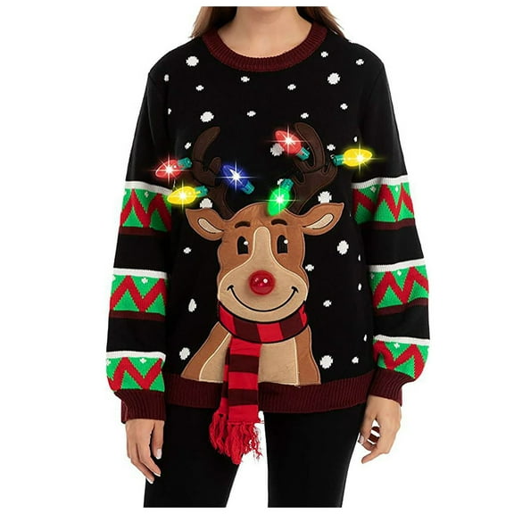 Christmas Sweaters Women Plus Size Christmas Crochet Knit Round Neck Top Long Sleeve with Lamp Sweater Top Jumper Tops , L