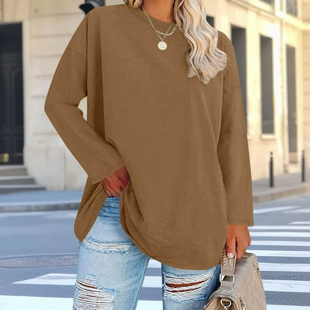 Uootdi Women's Plus Size Tops Crewneck Long Sleeve Sweatshirt Oversized Casual Loose Fit Basic T Shirts Blouse Gift
