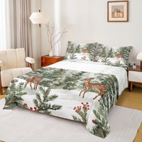 Feelyou Kawaii Winter Deer Queen Sheet Sets for Kids, Christmas Leaf Plant Flat Sheet, Cartoon Jungle Animal Queen Fitted Sheet, Ultra Soft Bedroom Decor, 4 Pieces