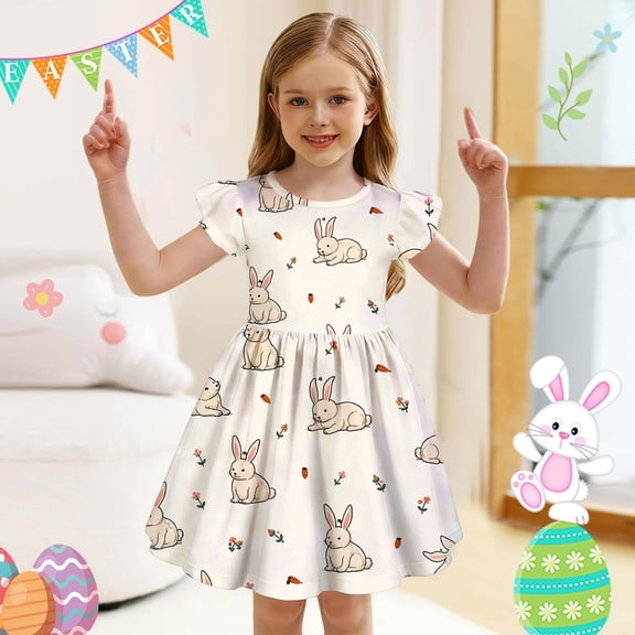 Easter Dresses for Girls Short Ruffle Sleeve Cute Easter Bunny Dresses Cute Easter Sundress Summer Girls Dresses Color Beige Size 9-10 Years