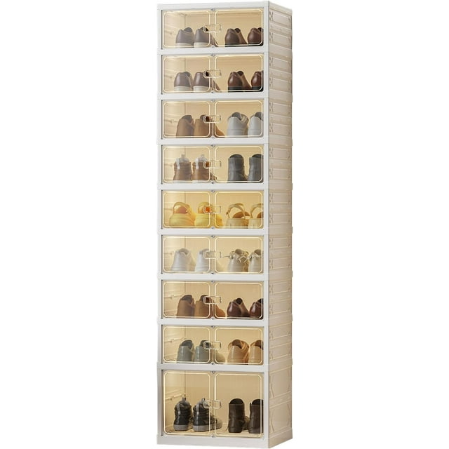 Portable Shoe Rack Organizer for Closet Entryway, Stackable Sneaker Storage Shoe Cabinet With Magnetic Clear Door, Large Plastic Storage Containers Bins With Lids,9-Tier