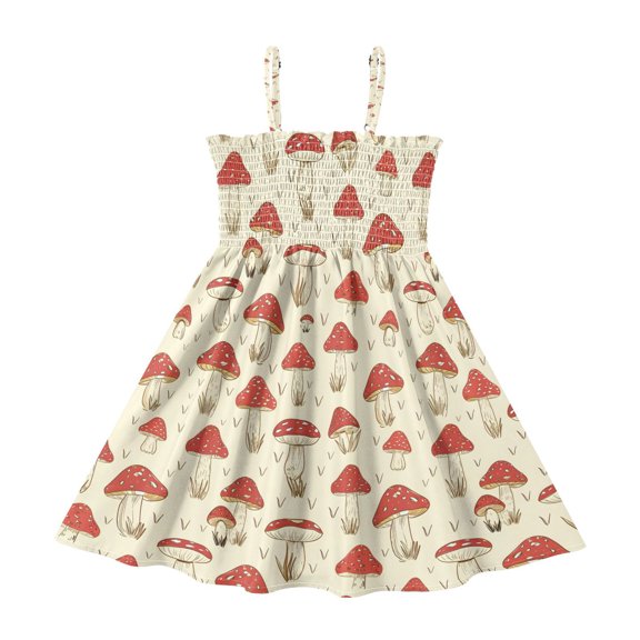 Summer Spaghetti Strap Red Mushroom A Line Dress Casual Sleeveless Cami Sundress for Size 2-8 Years