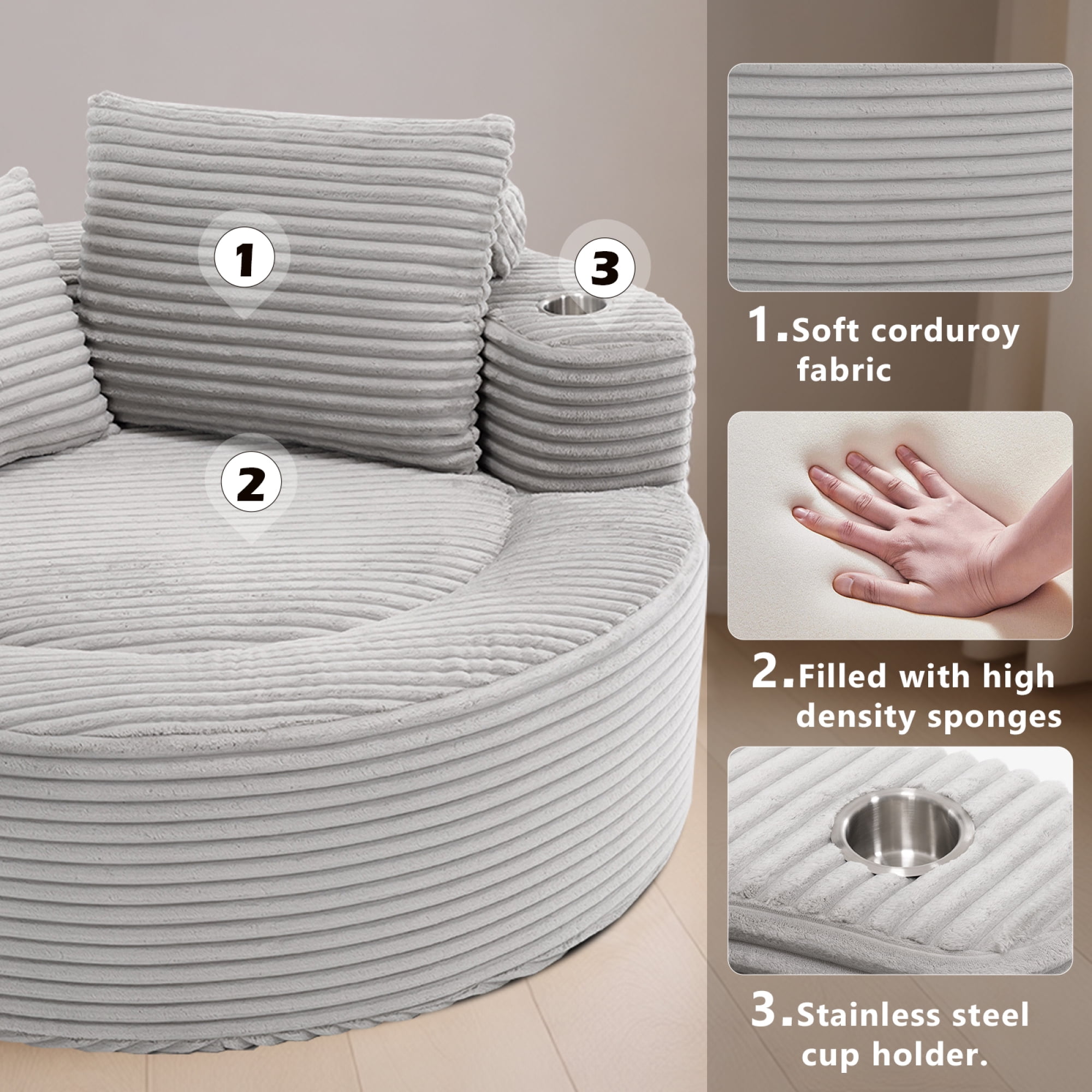 Leumius Oversized Round Chaise Lounge Sofa,Upholstered Lounge Chair with 2 Pillows and Cupholders,Boneless Sofa Couch with Memory Foam,Deep Seat Sleeper Chair for Living Room,No Assembly,Gray