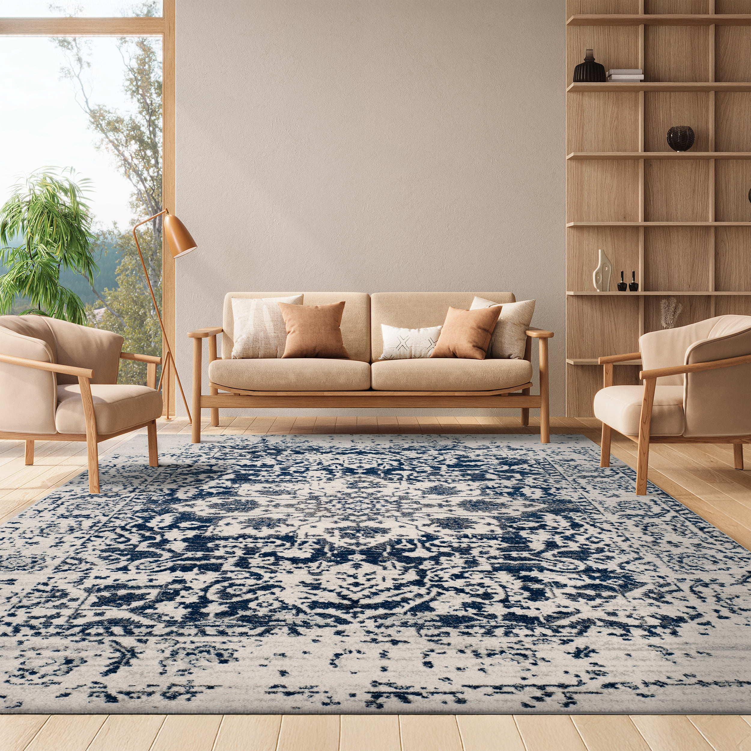 SAFAVIEH Madison Katina Oriental Area Rug, Cream/Navy, 5'3" x 7'6" - Traditional Design, Cream & Navy, Non-Shedding & Easy Cleaning, Ideal for Living Room, Bedroom, Dining Space