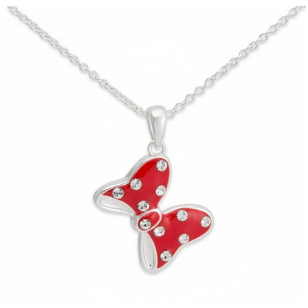 Disney Pink Crystal Silver-Tone Minnie Mouse Bow Pendant, 18"