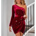 thumbnail image 2 of Vestido de manga larga con un hombro para mujer, vestido de fiesta ajustado con cinturón y dobladillo envolvente de Color puro elegante a la moda, rojo azufaifo L, 2 of 7
