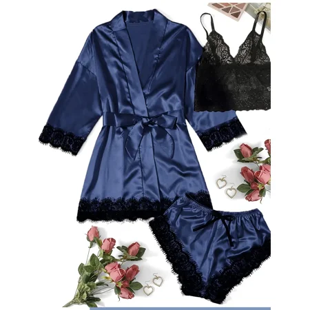 

3 Piece Lace Trim Solid Satin Pajamas Set Long Sleeve Short Robe + V Neck Cami Top + Lounge Shorts Women‘s Loungewear & Sleepwear