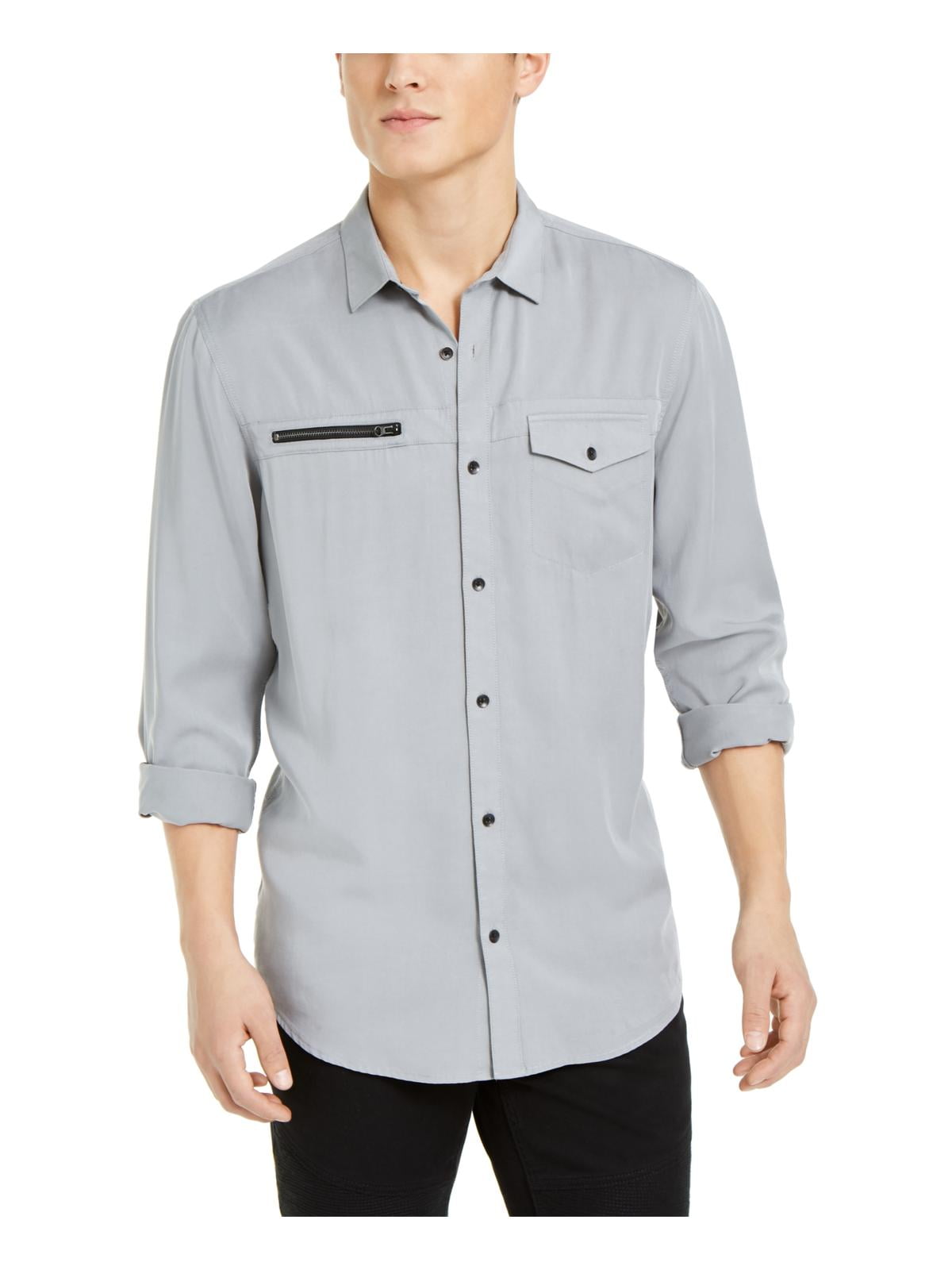 INC Mens Zipper Pocket Collar ButtonDown Shirt Gray XL