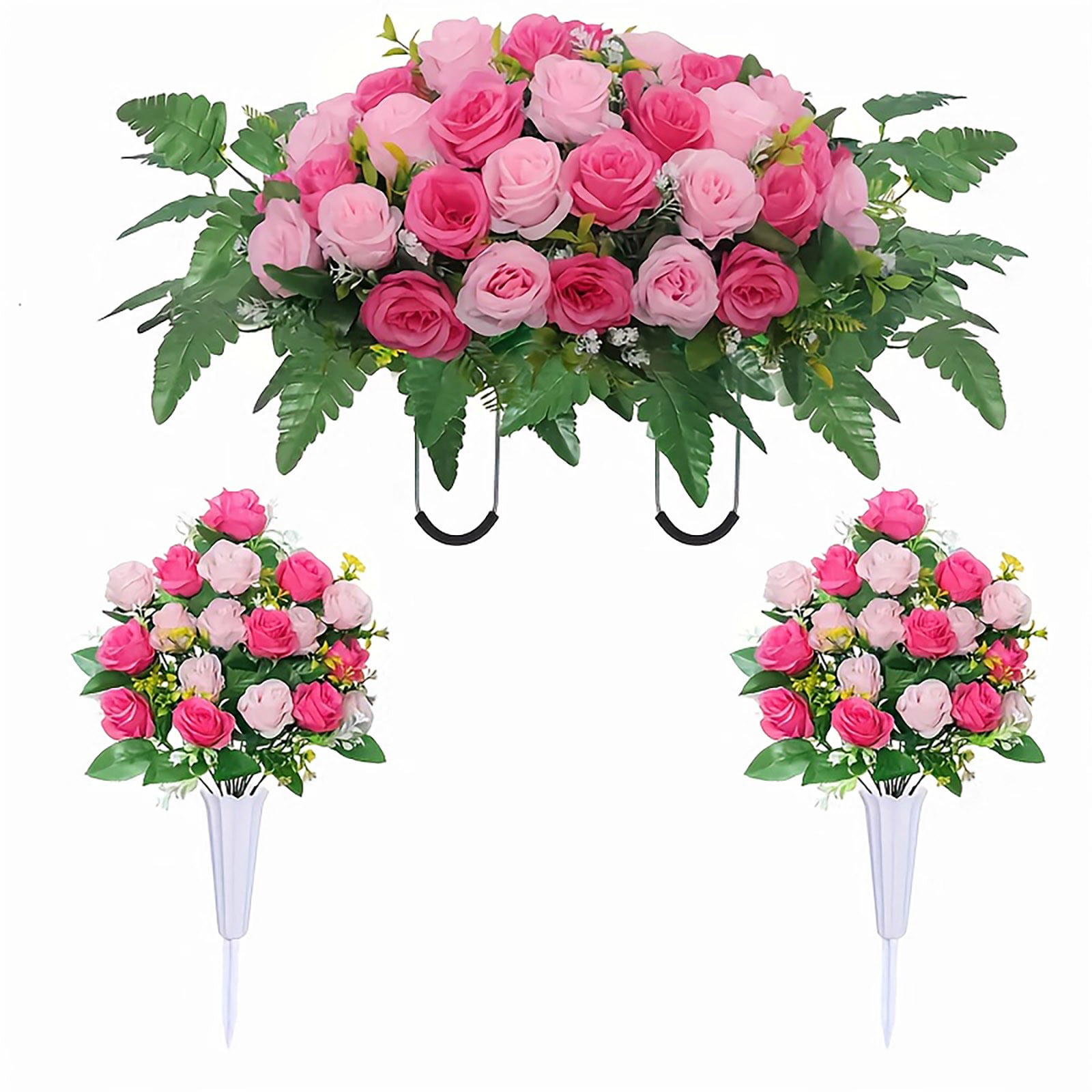 3PCS/Set Artificial Cemetery Flower Saddles, Memorial Grave Flowers with Rose Bouquet for Tombstone Headstone Decorations, for Outdoor Cemetery Vase, Long-Lasting Grave Decorations and Remembrance