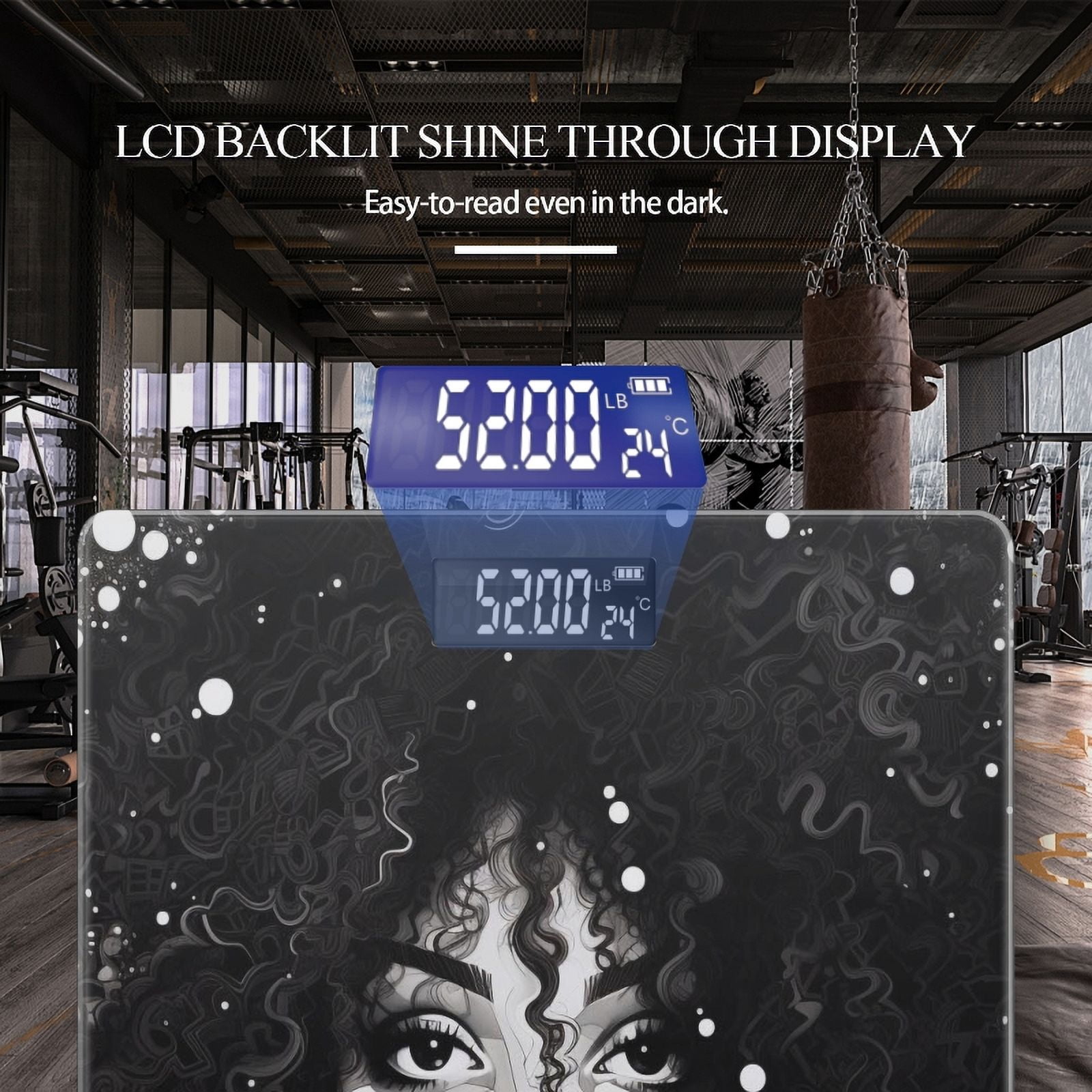 High Precision Body Weight Scale Smart Bathroom Scales with Large LCD Display(400lbs),Decorative for Bedroom-Beautiful Woman With Big Curly Hair And Detailed Face