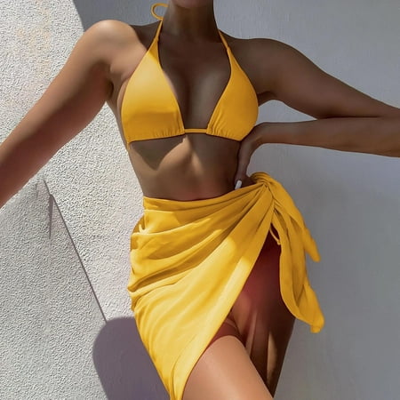 IDALL Bikini Sets Bathing Suit 2025 Women Bikini Set Printed Sleeveless Three Piece Beach Wear Hot Swimwears Bikini Set Womens Swimsuits Micro Bikini Yellow M