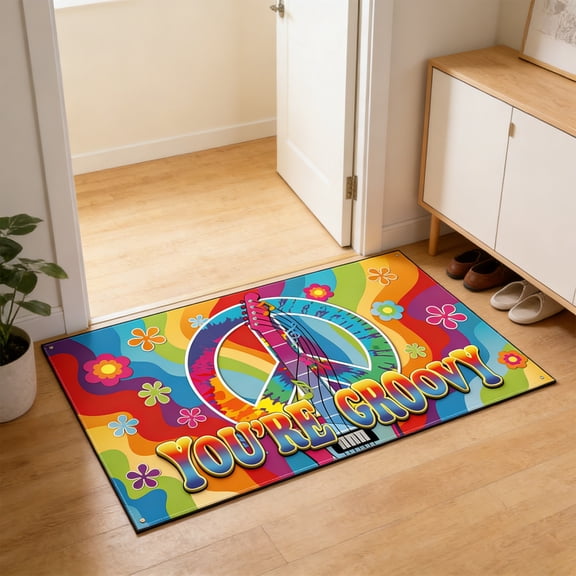 Tie-Dye Peace & Love Groovy Door Mat - Non-Slip Washable Rug for Entryway & Bathroom