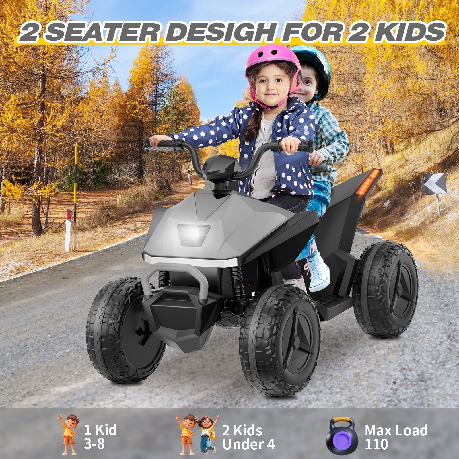 HHVEL 24V Kids ATV 4 Wheeler, Ride on Toy Car for Big Kids with 2 Seater, LED Headlights, Bluetooth, Music 4.5mph Max Speed Ride on ATV for 3-8 Boys & Girls，Gray