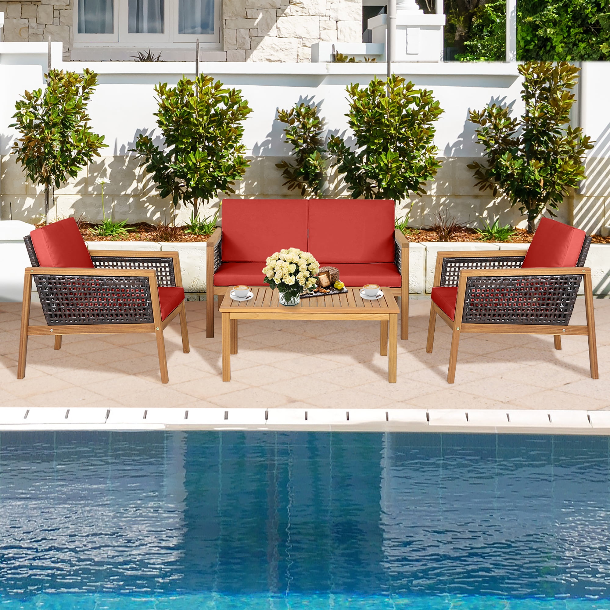 Costway 4PCS Patio Rattan Furniture Set Acacia Wood Cushioned Sofa Red