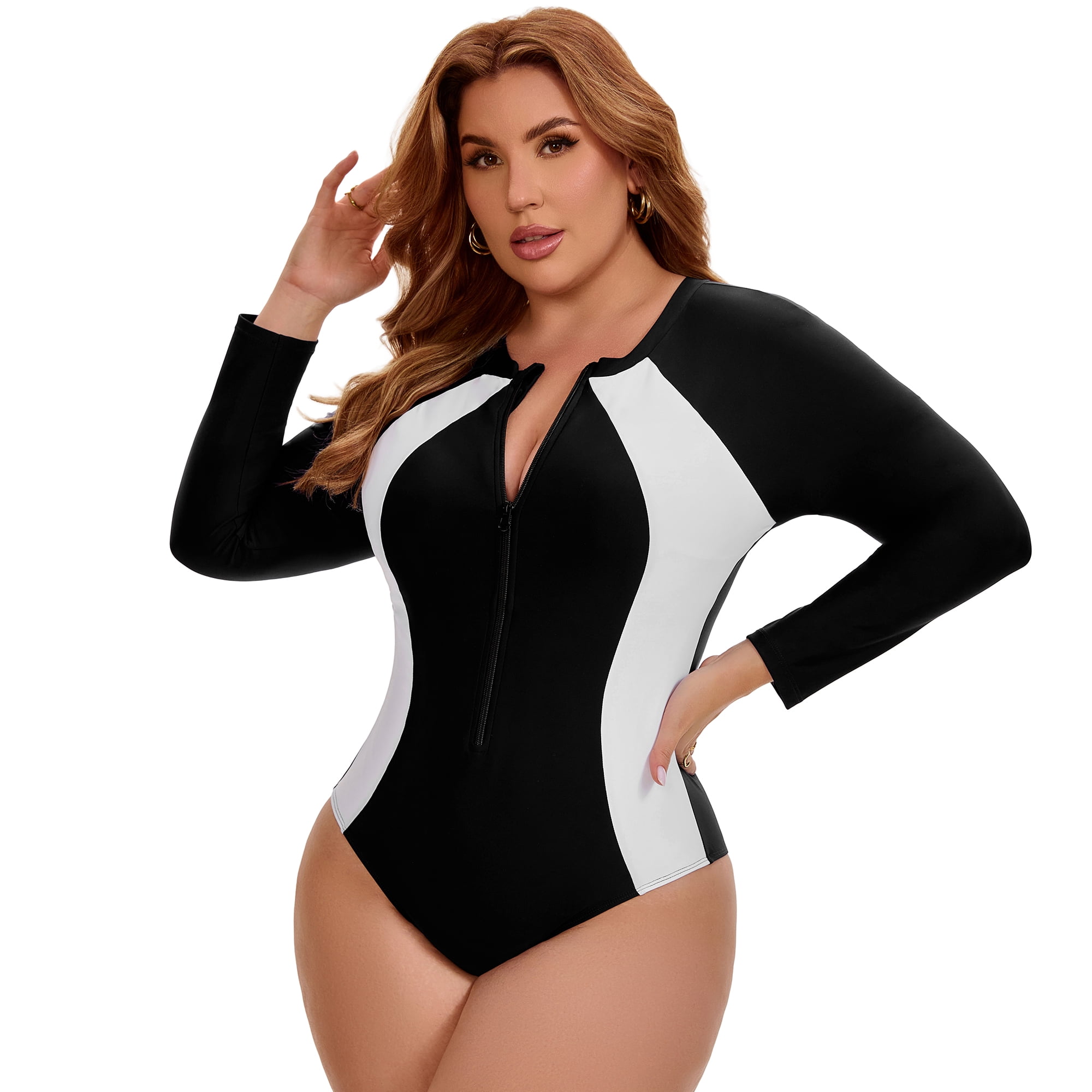 DARING DIVA Women's Plus Long Sleeve Zip Front Beach Swimsuit 2X Black White