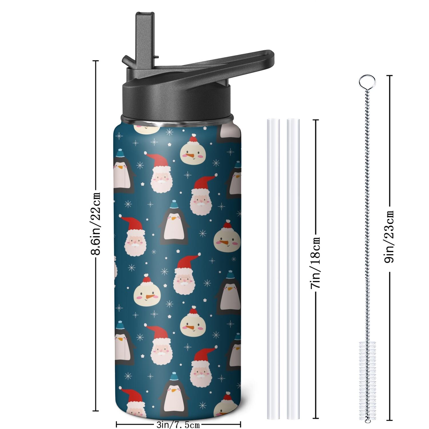 Christmas 18 oz Insulated Stainless Steel Water Bottle with Straw & Cleaning Brush , Leakproof, BPA-Free, 304 Stainless Steel, Wide Mouth, Travel Mug for Car, Gym, Office