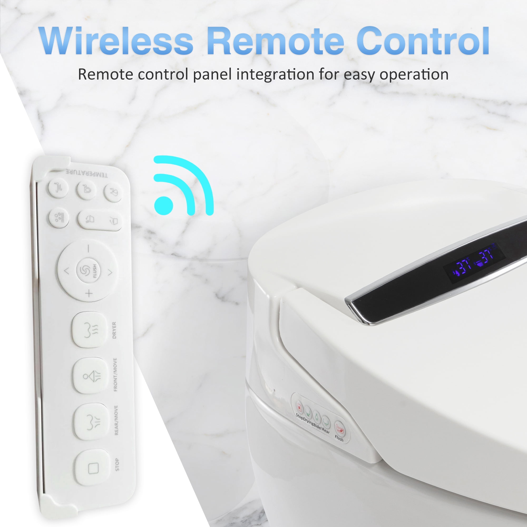 Tankless Smart Bidet Toilet for Bathrooms, Heated Seat with Nightlight, Foot Sensor, LED Display, Warm Water and Dry, Remote Control