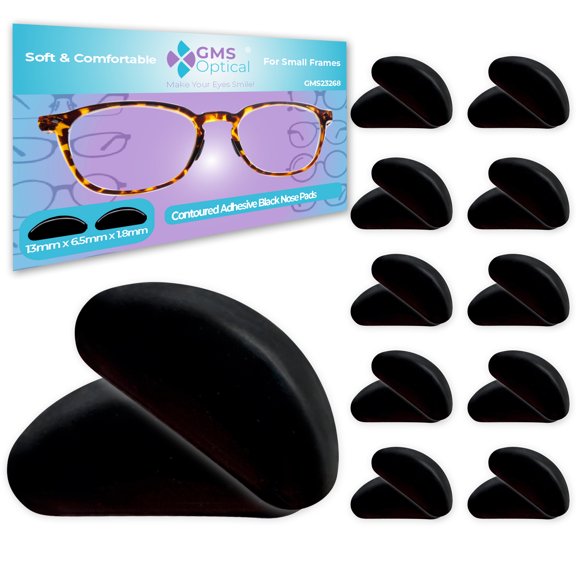 GMS Optical Contoured Adhesive Silicone Nose Pads for Glasses – 13mm Short Length, 1.8mm Thickness, Anti-Slip Backing ( 10 Pair, 2 packs of 5, Black )