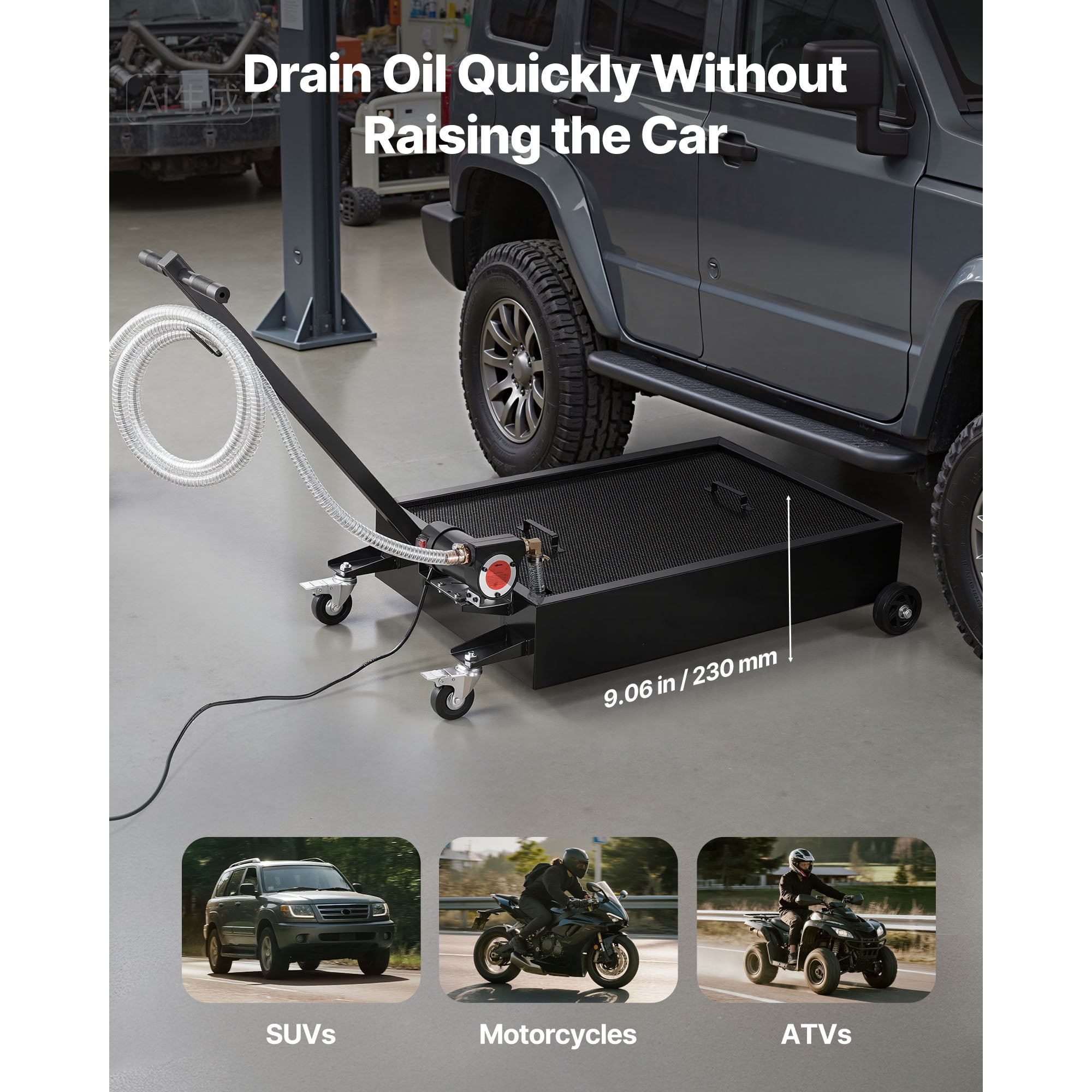 KFFKFF 15-Gallon Low Profile Oil Drain Pan with Electric Pump, Rolling Design, Leak-Resistant and Durable, Compatible with Cars, SUVs, Trucks, Motorcycles, and ATVs