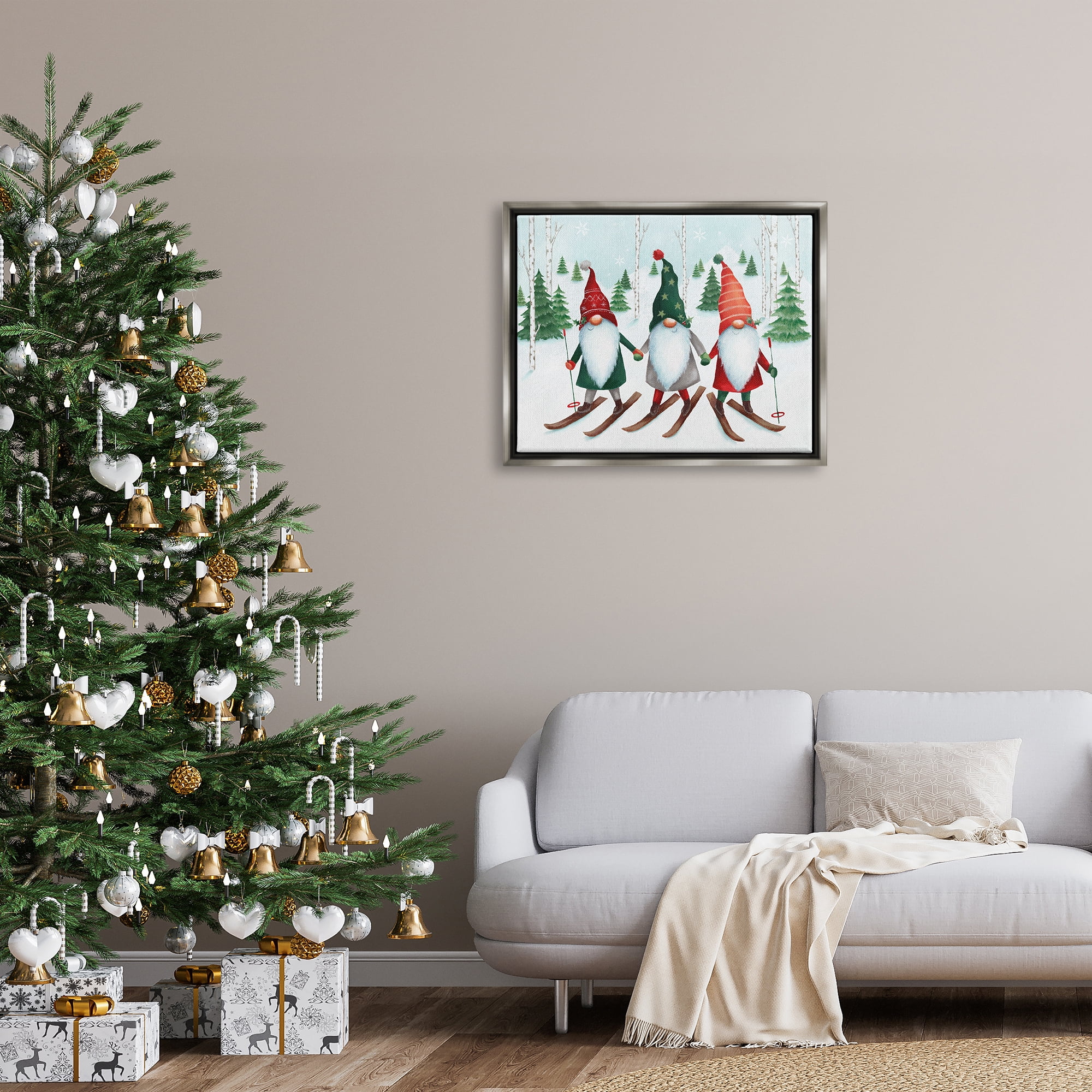 Stupell Industries Gnome Trio Skiing Holiday Painting Gray Floater Framed Canvas Art Print Wall Art, 31 x 25