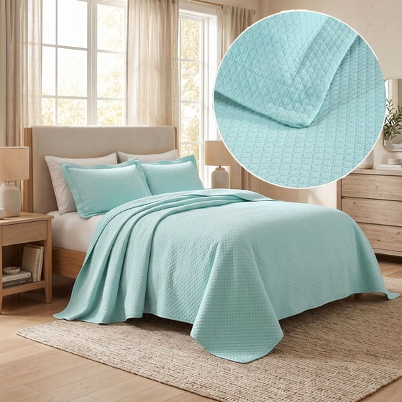 Superior Solitaire Cotton Decorative Bedspread and 2 Pieces Sham Set, Full, Aqua