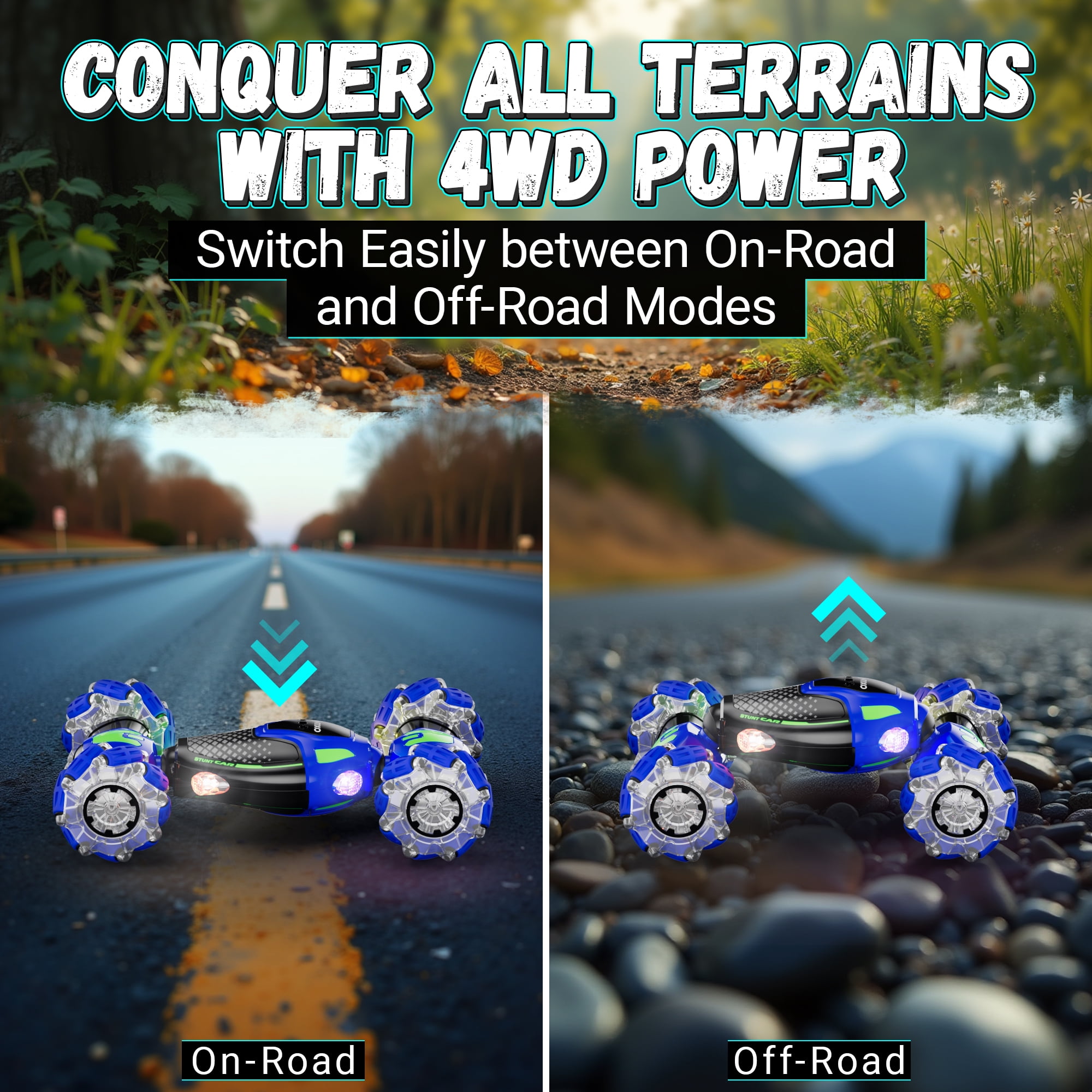 Contixo SC10 Cobra Crawler Stunt Remote Control Cars with 4WD Off-Road Mode and LED Lights, Blue