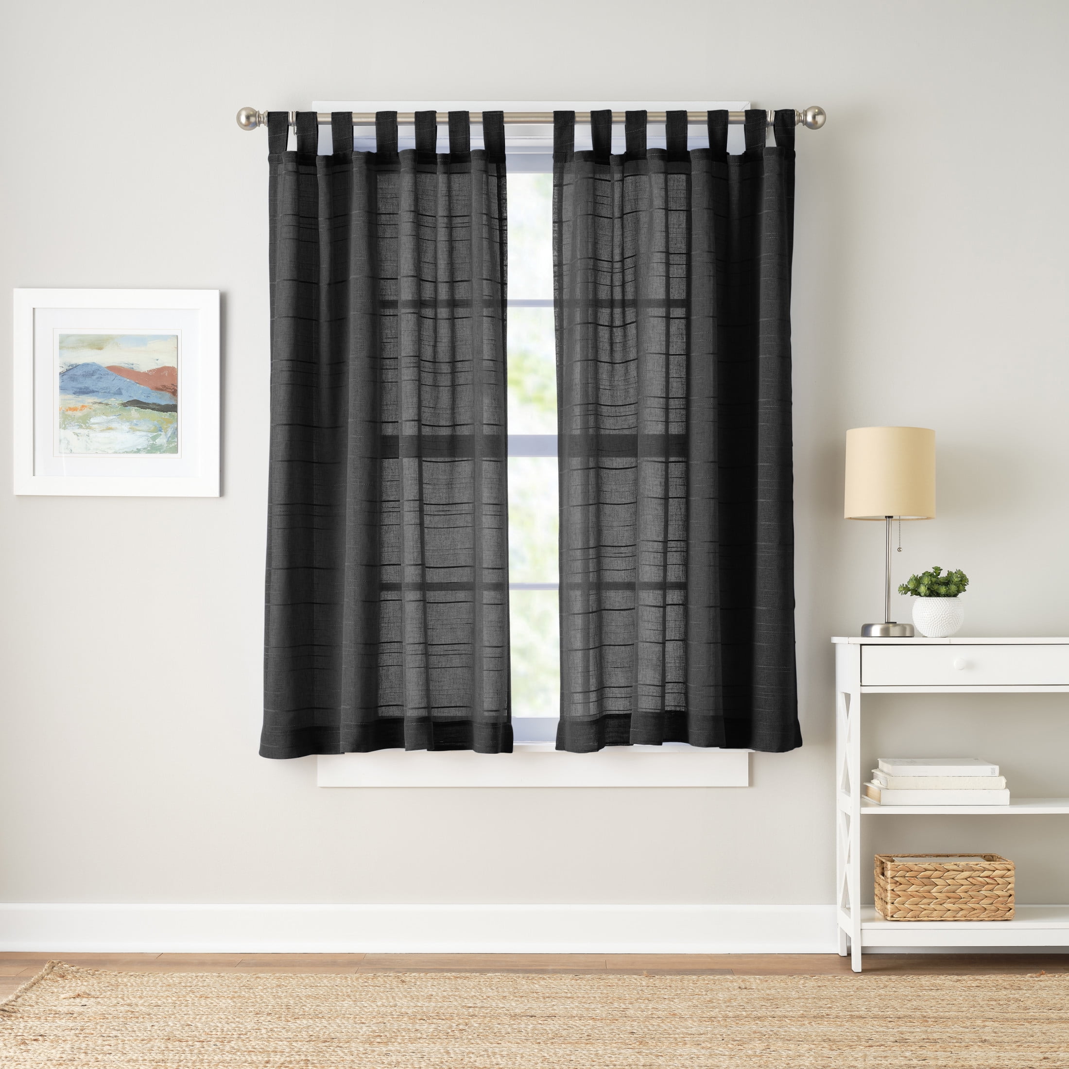 Mainstays Woven Stripe Sheer Tab Top Curtain, Single Panel, Black, 50" W x 63" L