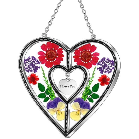 Vidriera con forma de corazón Ky&BOSAM, diseño de flores auténticas, 11 x 12 cm
