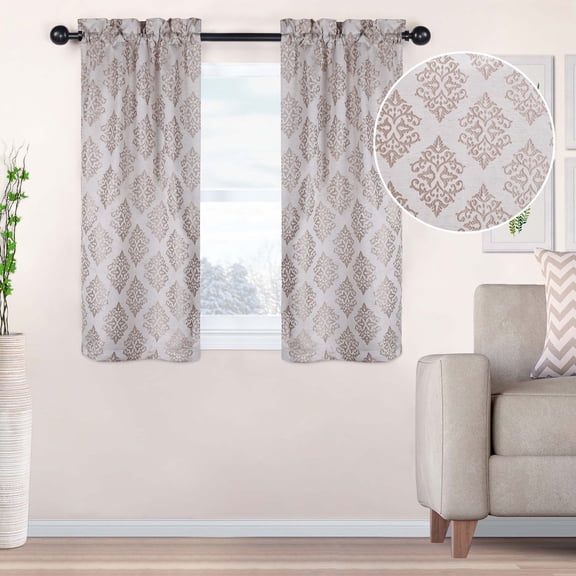 Superior Venetian Damask Jacquard Rod Pocket Curtain Panel, Set of 2, 26" x 63", Brass