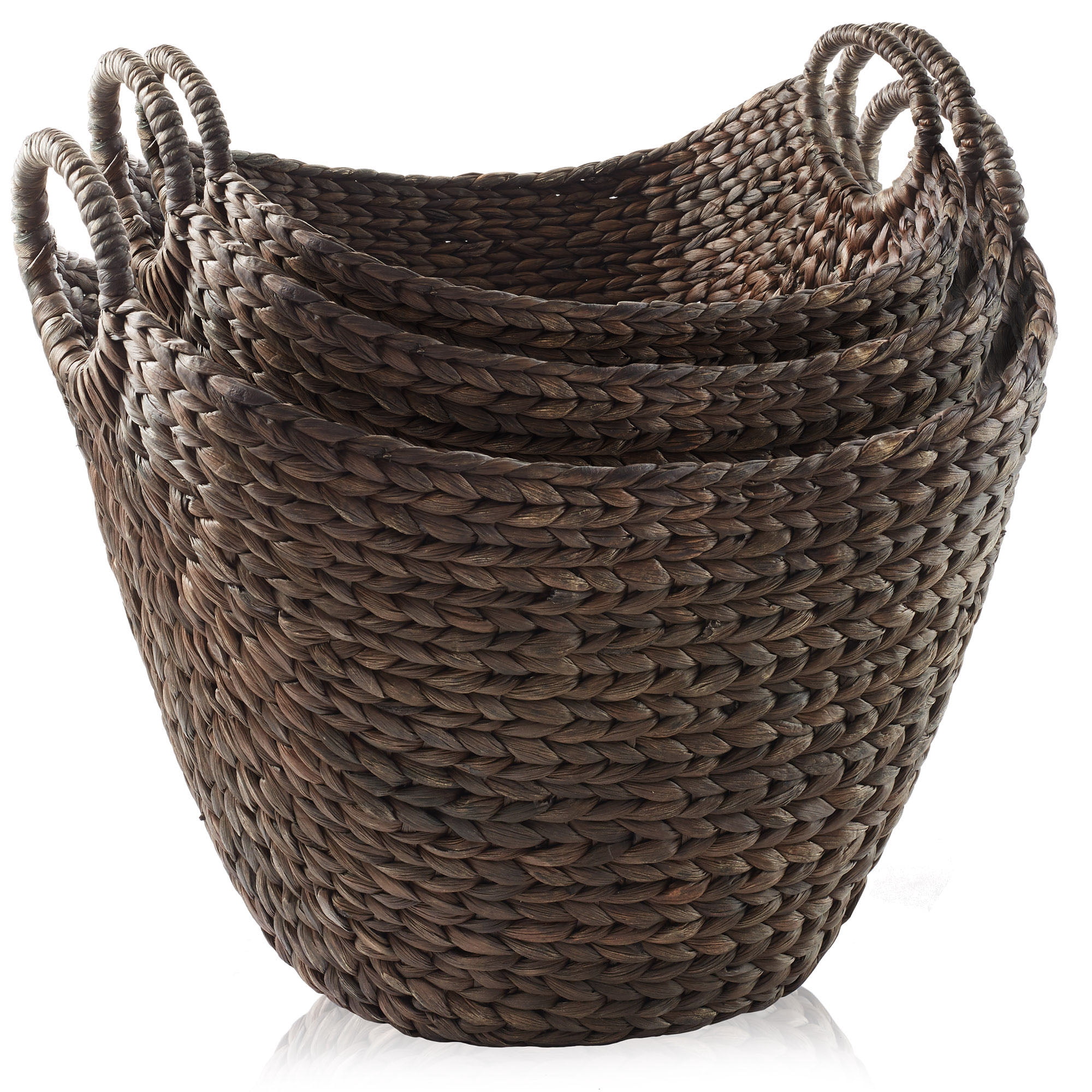 Casafield Set of 3 Boat Baskets with Handles - Espresso, Woven Water Hyacinth Storage Organizers for Blankets, Laundry, Bathroom, Bedroom, Living Room