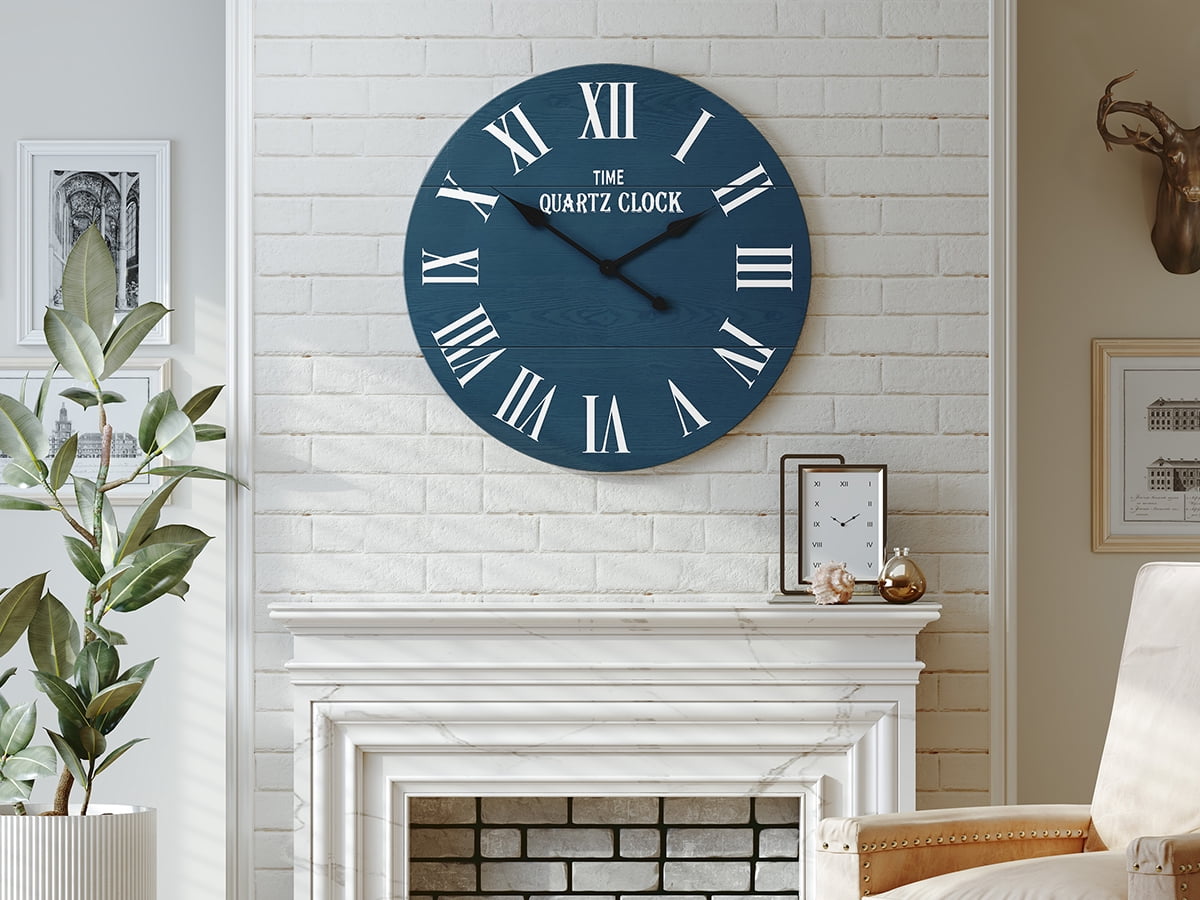 CBJCBJ 35.5” Farmhouse Large Shiplap Round Wall Clock with Roman Numeral for Living Room Decor, Blue