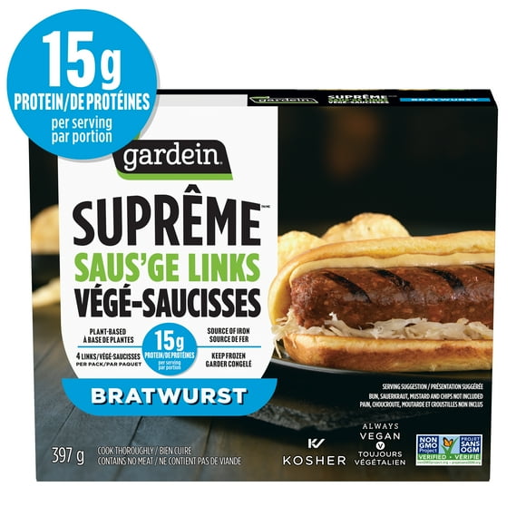 Gardein® Suprême™ Saus'ge Links Bratwurst, Plant based, Vegan, Non GMO, Kosher 397g, GARDEIN SPRM SSG LINK BRATWURST