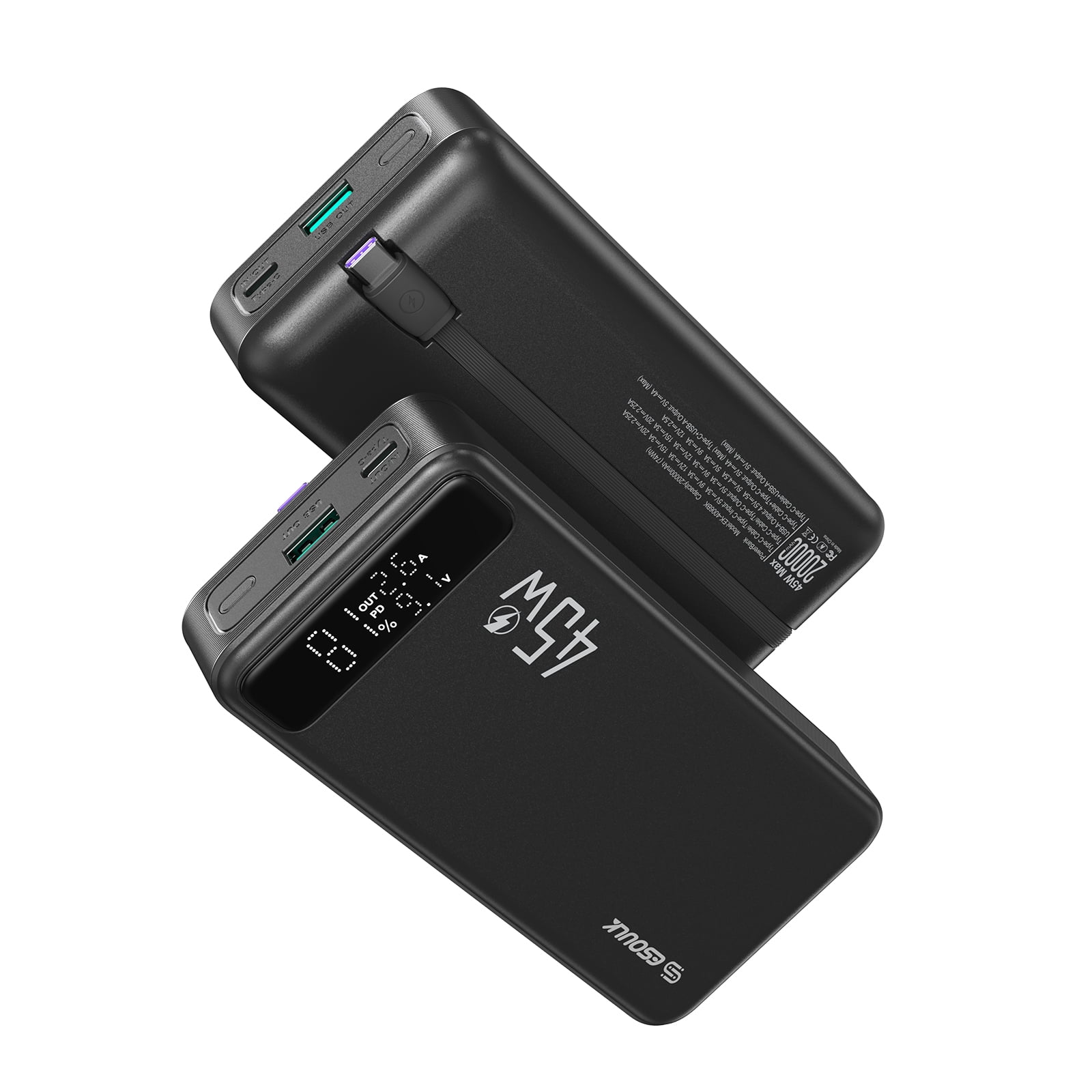 45W 20000mAh Power Bank Battery with Integrated USB-C Charging Cable - Black