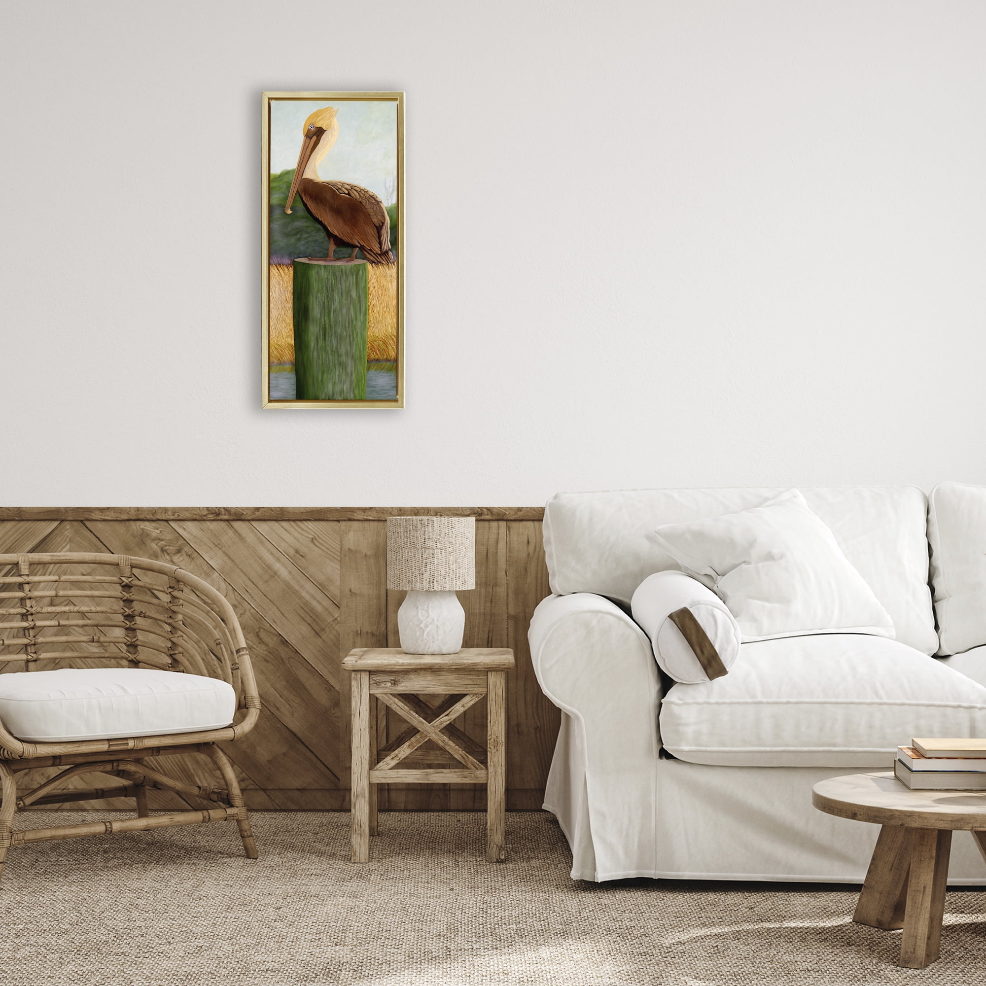 Stupell Industries Blue Eyed Pelican Gold Framed Floater Canvas Wall Art, design by Barbara Fallenbaum